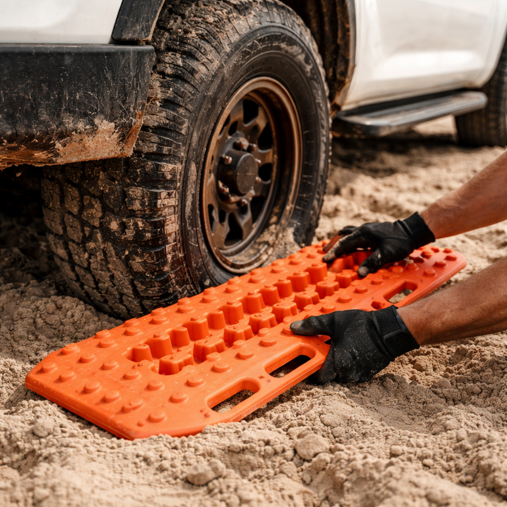 orange recovery board being placed underneath a 4wd tyre on the beach
