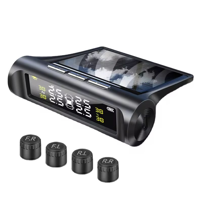 Car tyre pressure monitoring system with display and four pressure caps on a white background