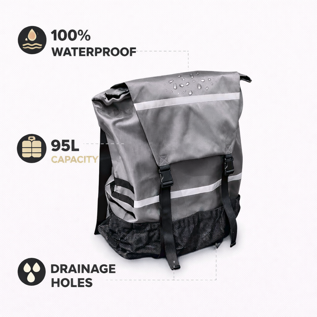 Backpack for back of car in grey with feature callouts on a white background