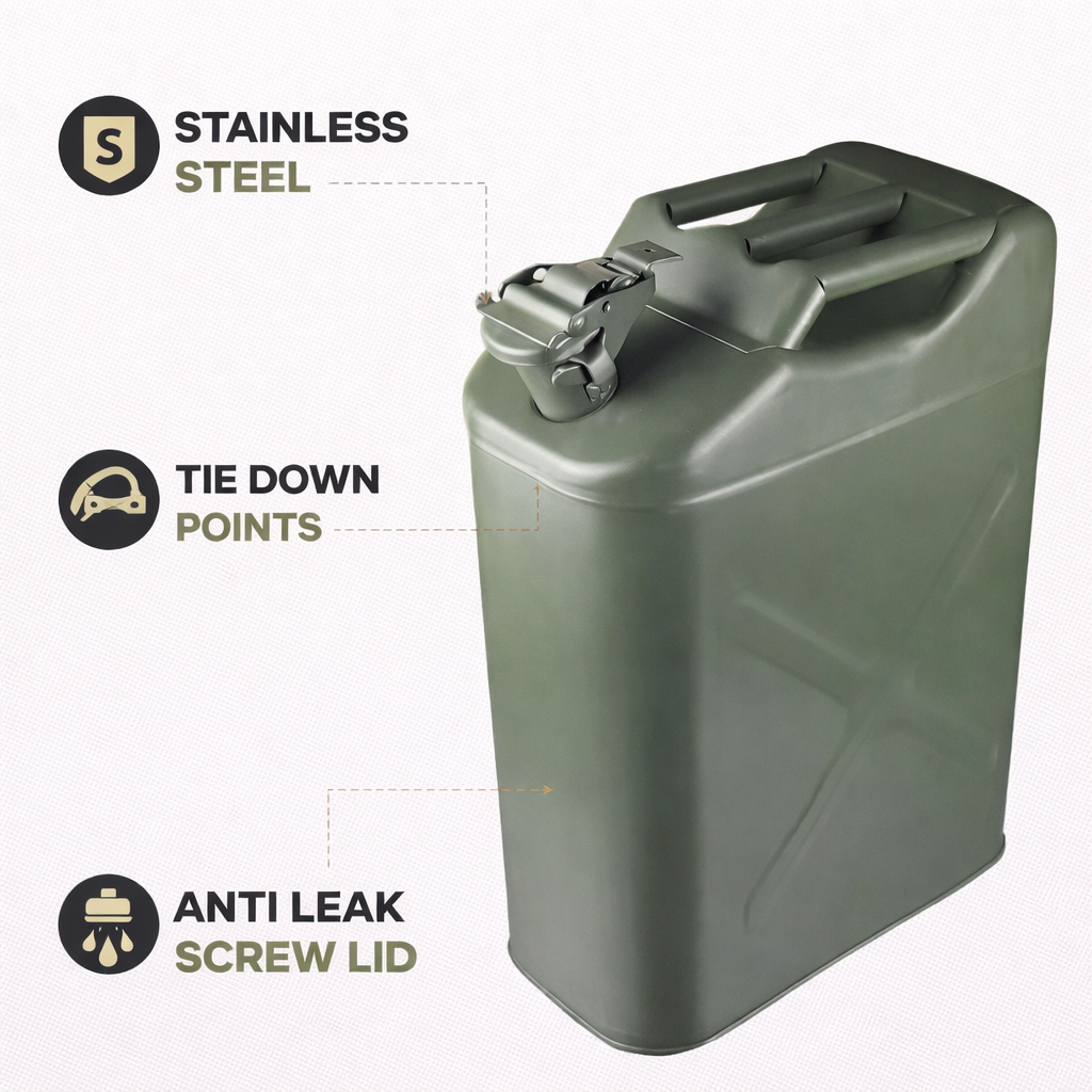Green metal jerrycan with features highlighted on a white background