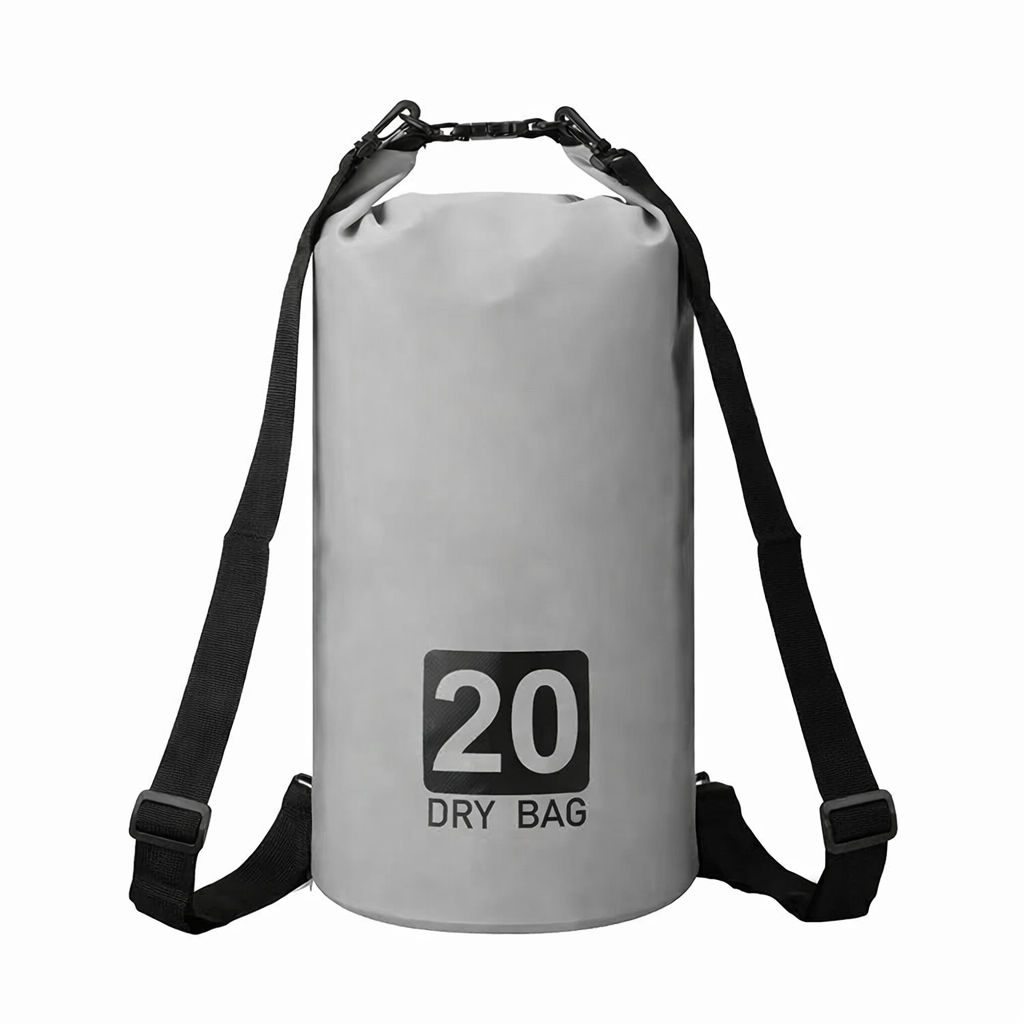 Gray dry bag with black strap for camping, 20L capacity, on a white background