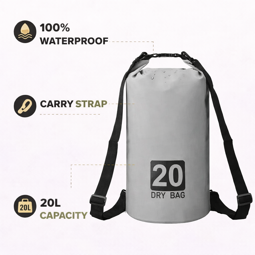Gray dry bag with black strap for camping, 20L capacity, on a white background