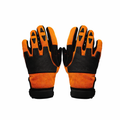 Pair of orange and black 4wd gloves on a white background