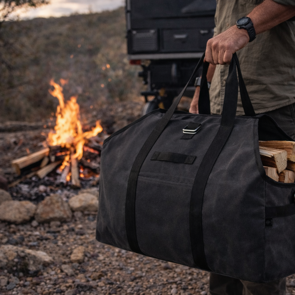 Person holding a black firewood bag with a campfire and trailer in the background.