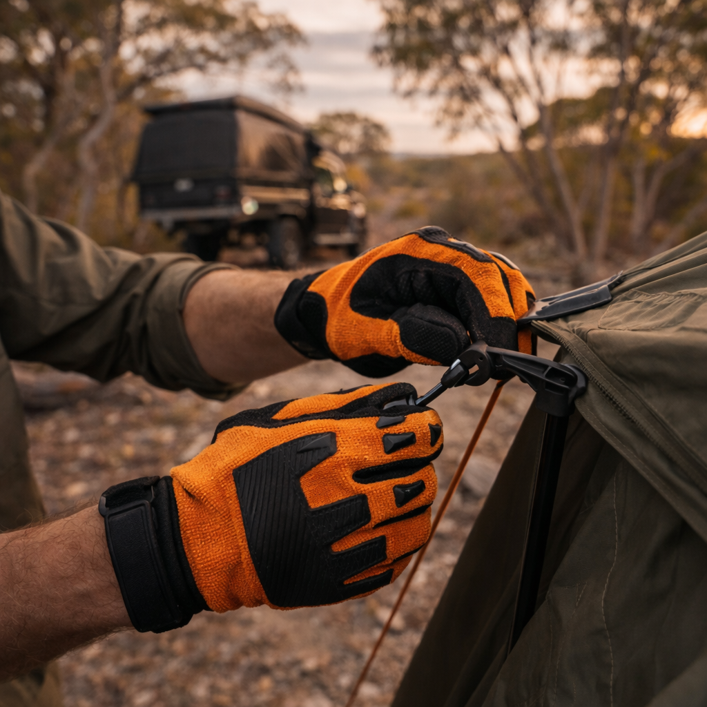 Orange gloves with man putting up tent 