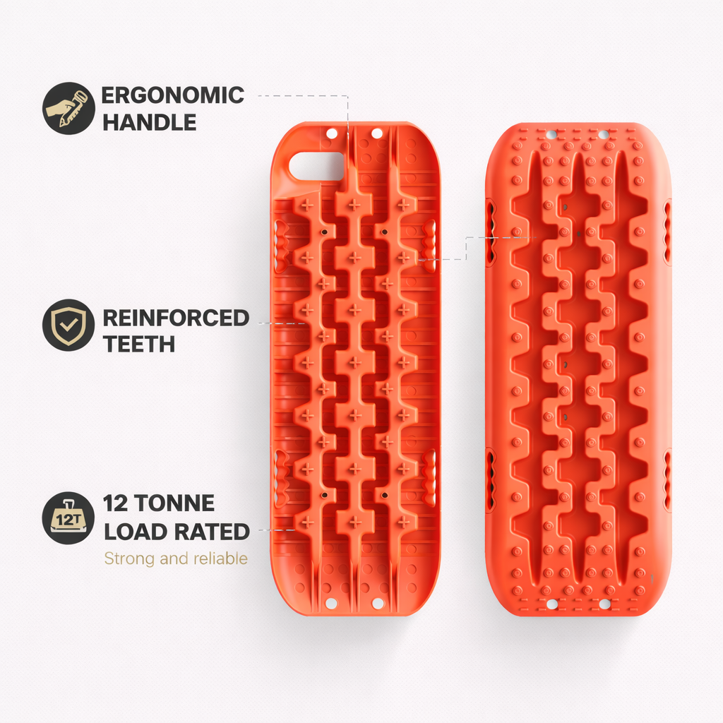 Orange 4wd recovery board in a pair with feature callouts on a white background 