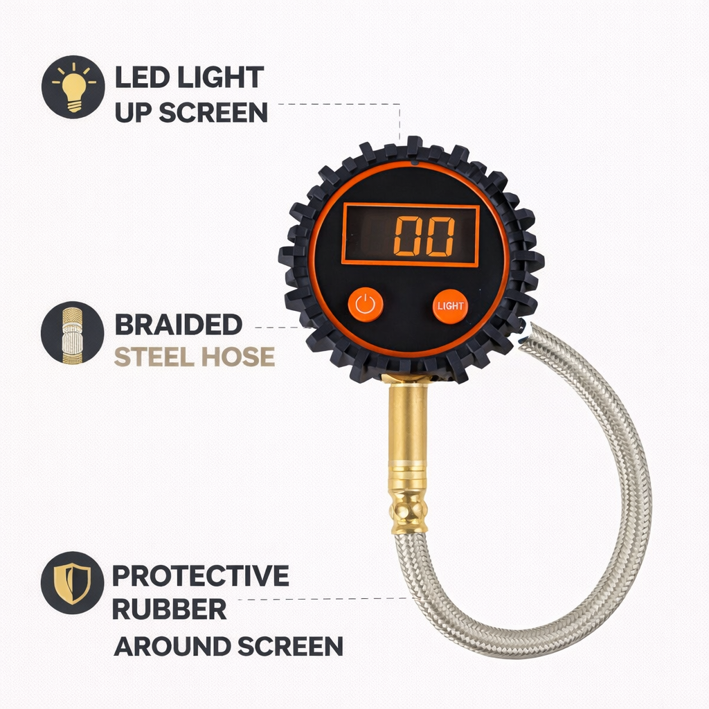 4wd tyre pressure guage with feature callouts on a white background