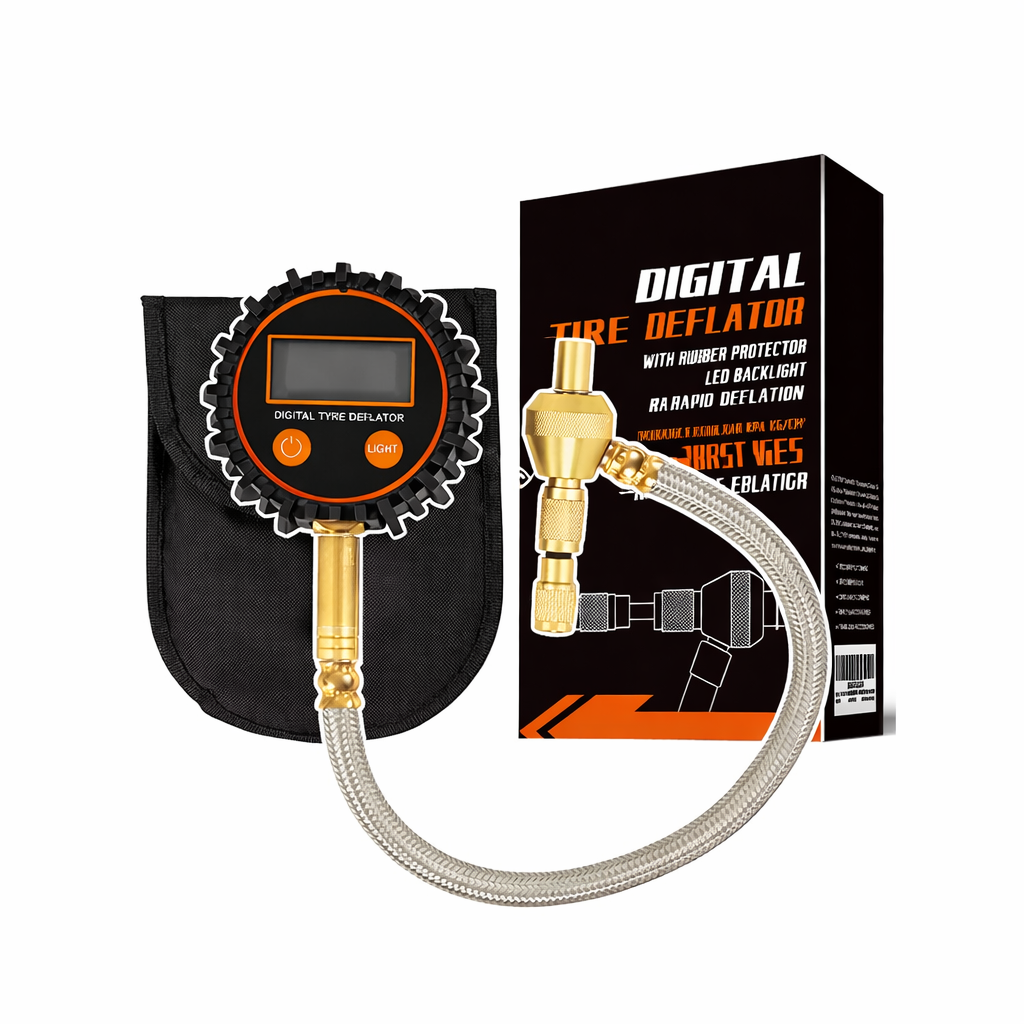 4wd tyre pressure guage with bag and box on a white background