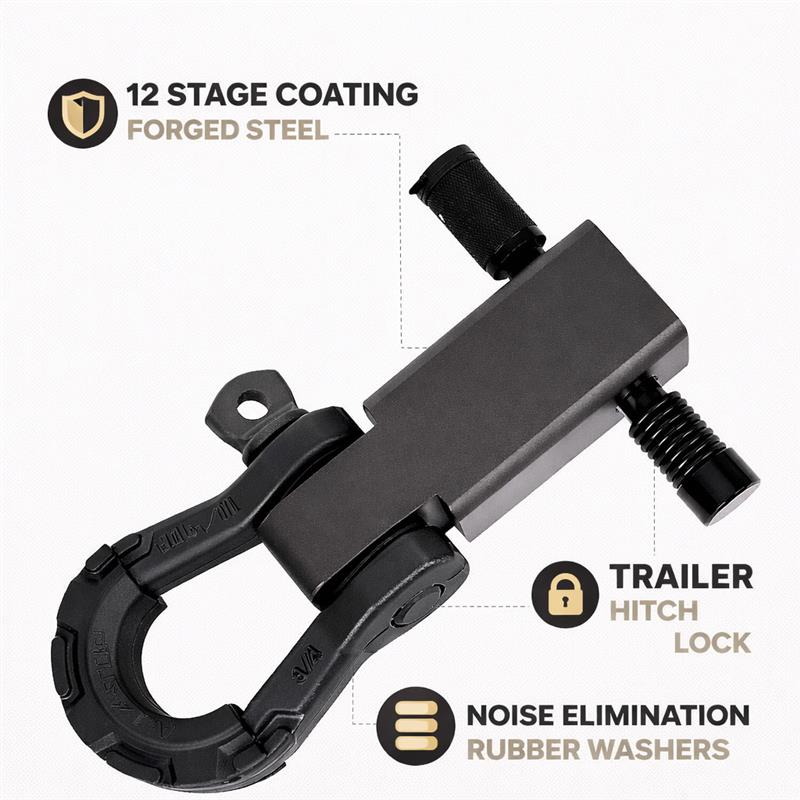 4wd metal tow bar recovery shackle with pin on a white background with feature callouts
